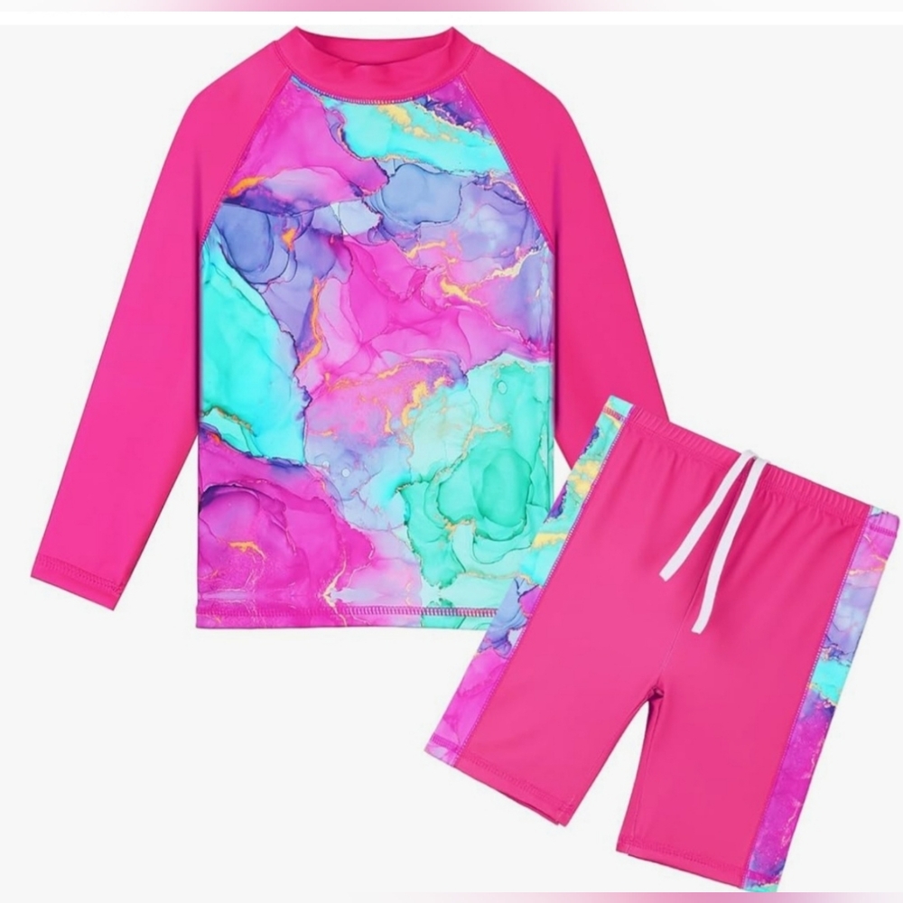 Girls' Pink Marble Rash Guard Swim Set UPF50+ C312